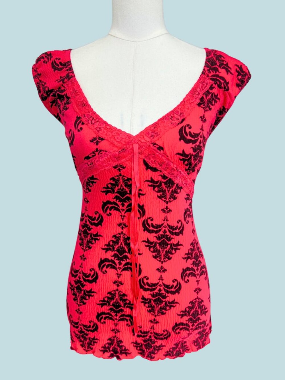 Y2K Red Damask Lace Tie Back Top